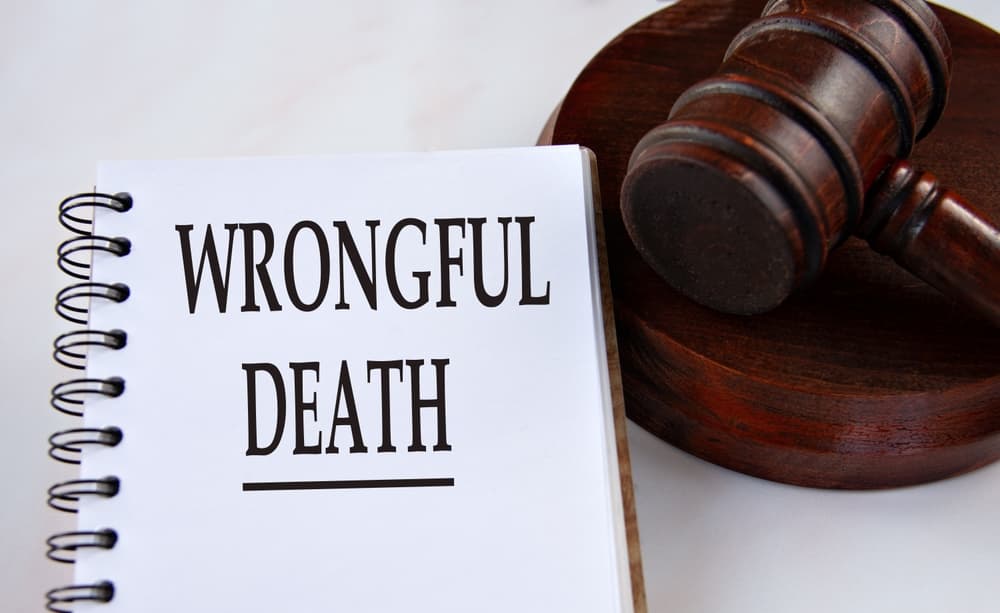 WRONGFUL DEATH - words in a white notebook with a judge's gavel in the background