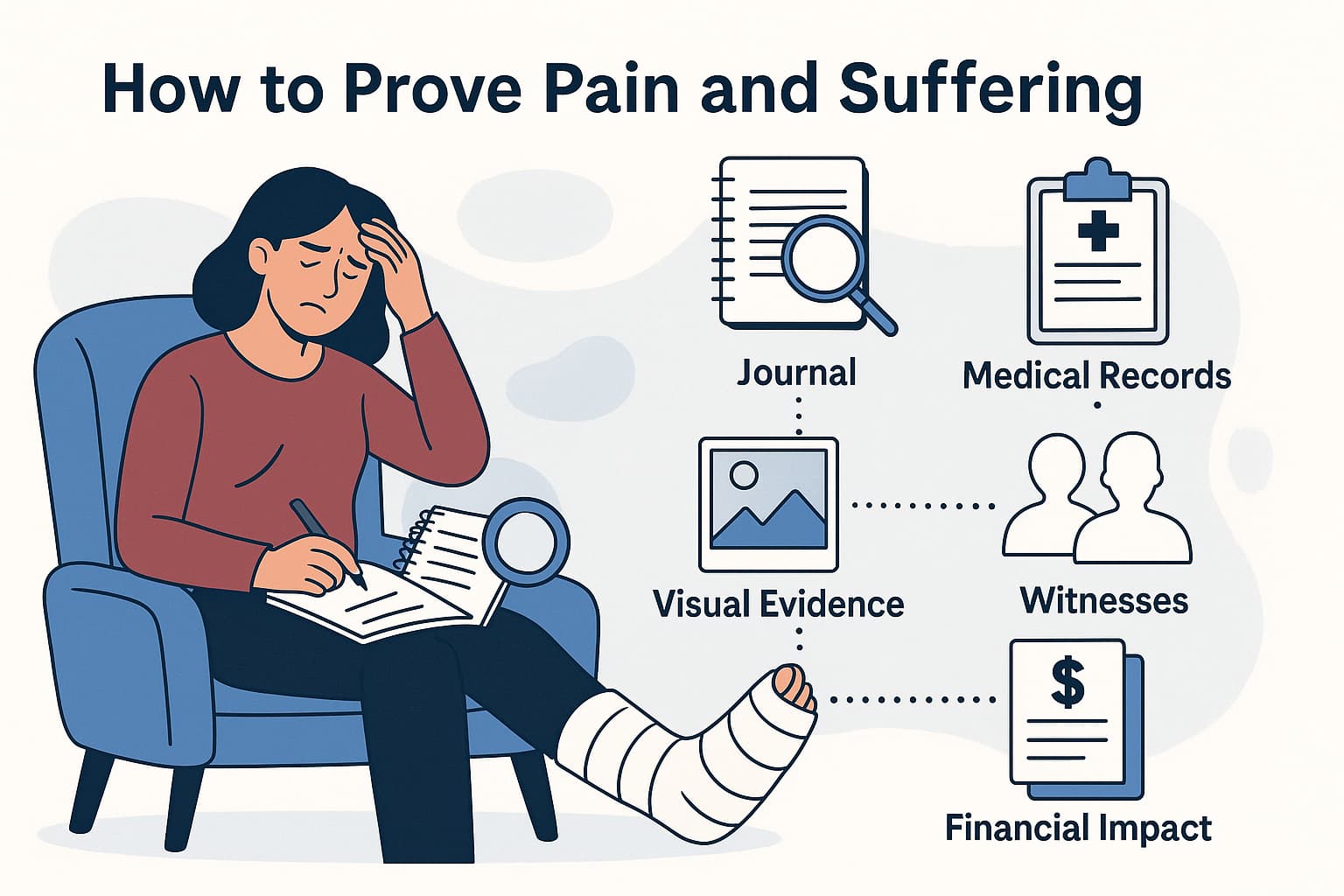 Illustrated guide showing a woman with a leg injury documenting her pain, surrounded by icons representing journal entries, medical records, witness testimony, visual evidence, and financial impact—key methods to prove pain and suffering in a personal injury claim.