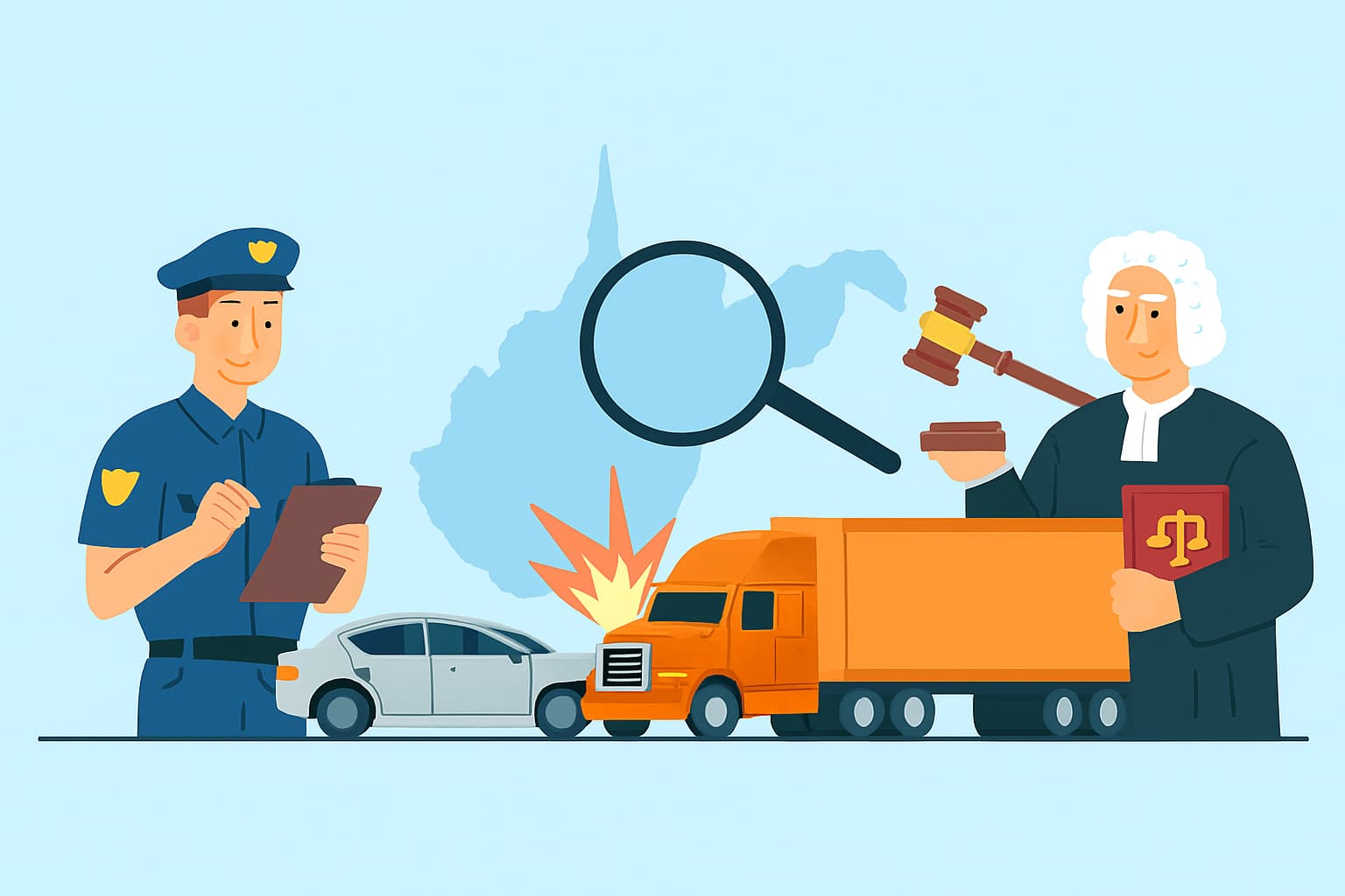 Illustration of a truck accident investigation in West Virginia showing a police officer writing a report, a judge holding a gavel and law book, and a magnifying glass highlighting the collision between a semi-truck and a car — concept of fault determination in truck accident claims.