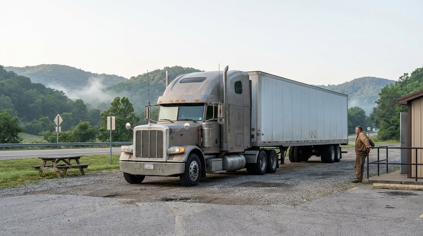 semi-truck with large trailer parked at rural rest stop near highway