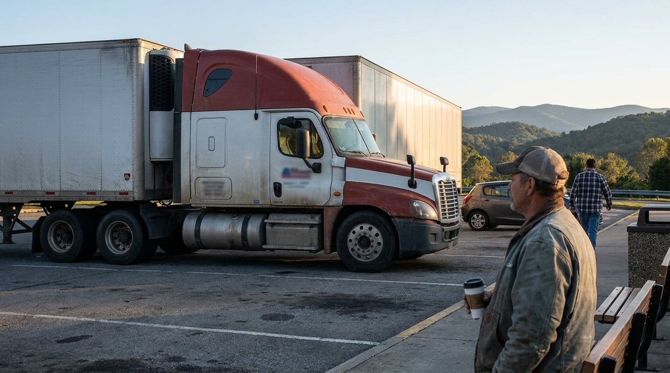 truck driver holding coffee cup standing near parked semi-truck at rest stop