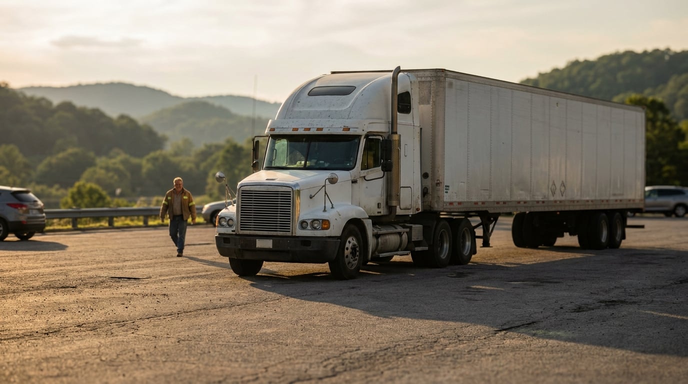 semi-truck with trailer parked at roadside stop with person walking nearby