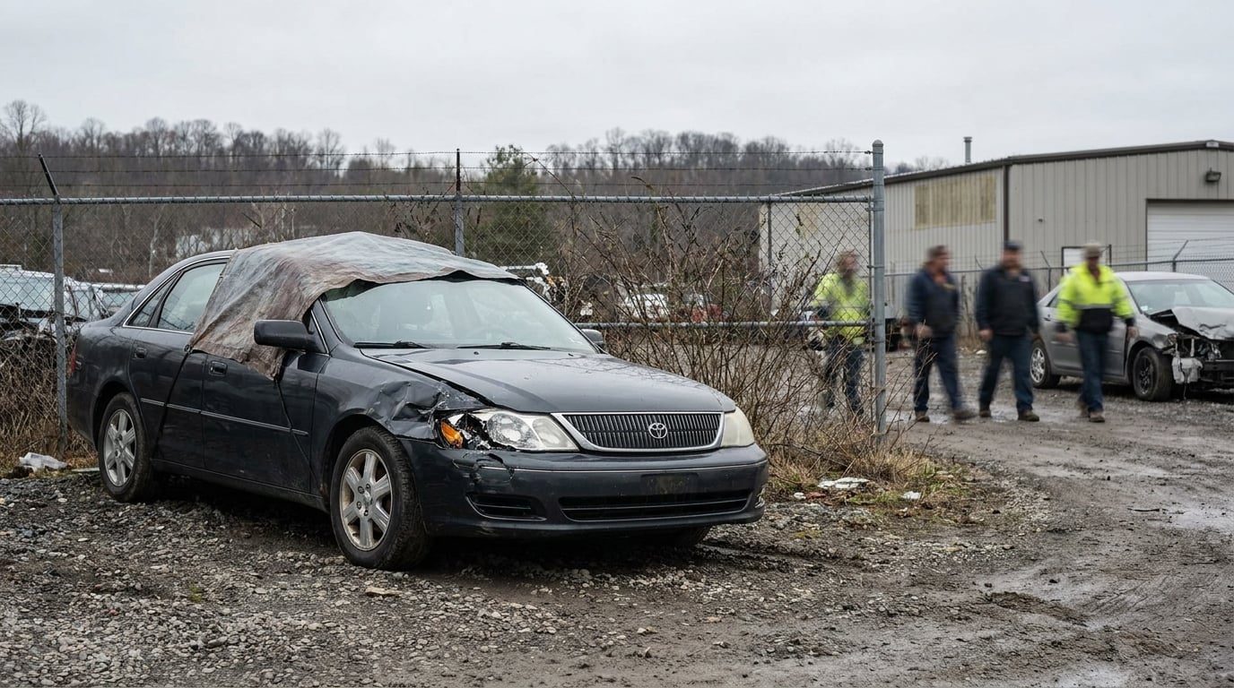 damaged Toyota sedan with crushed front end at salvage yard inspection