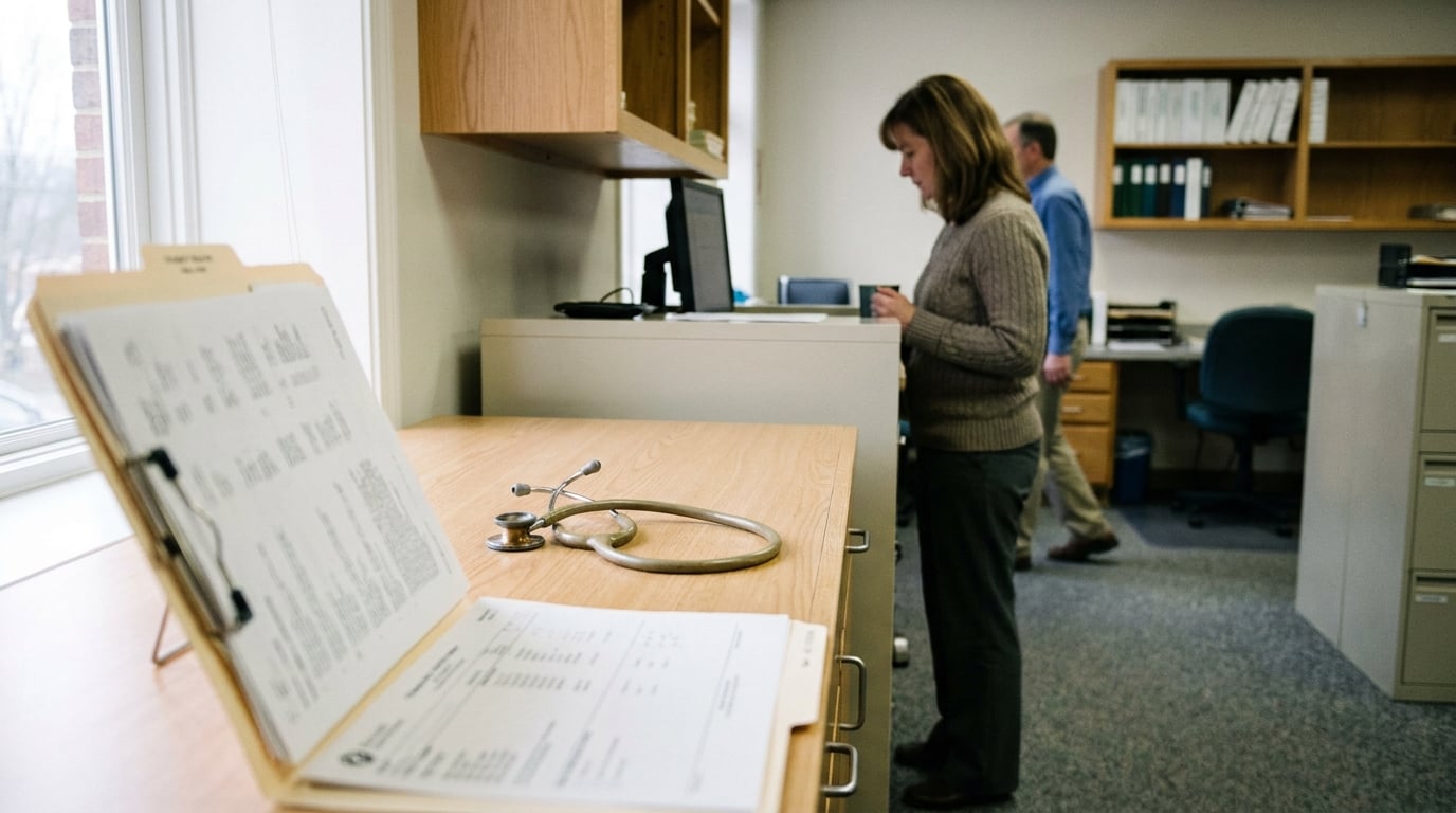 stethoscope and open medical file folders on exam room counter with staff