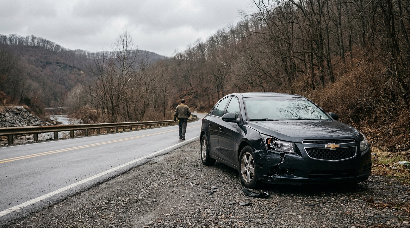 damaged Chevrolet sedan pulled off rural road after collision with person walking away