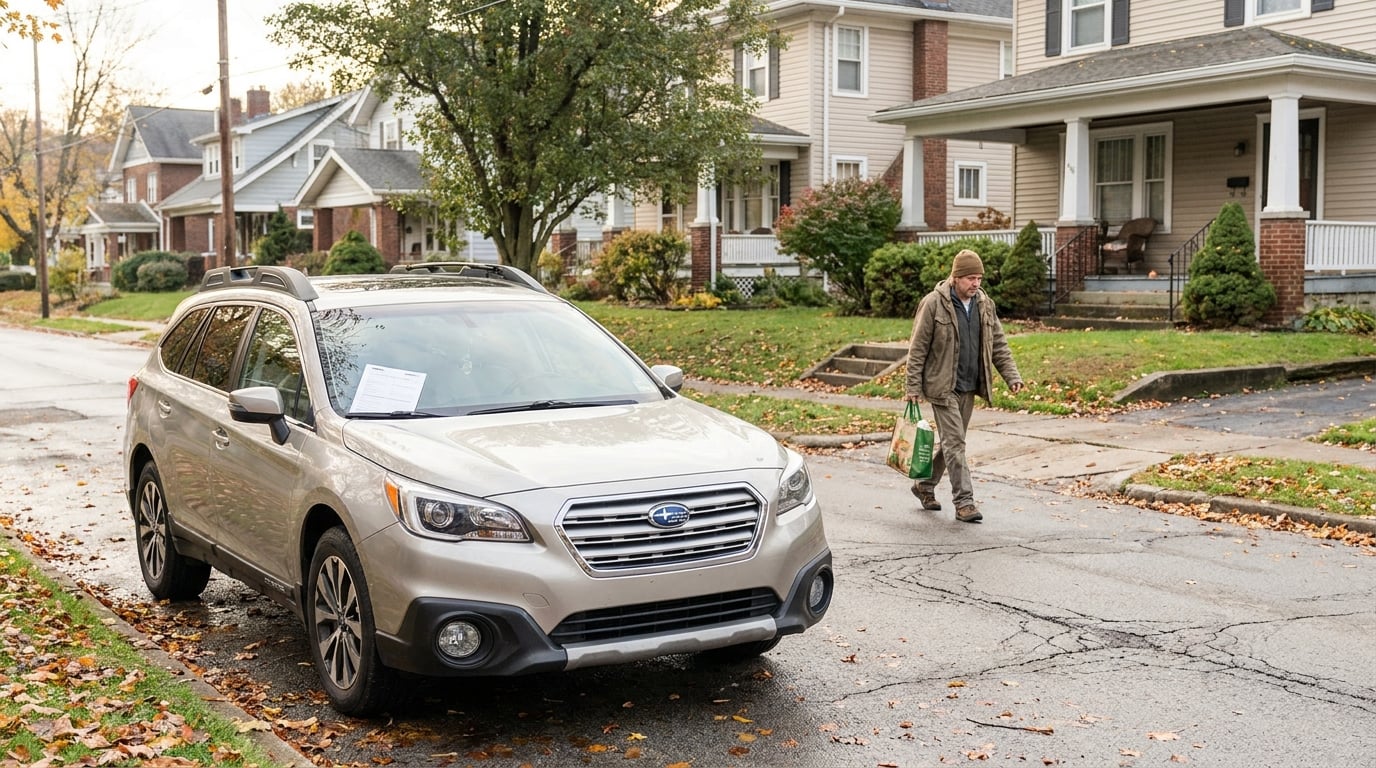 man carrying bag walking near parked Subaru SUV on residential street