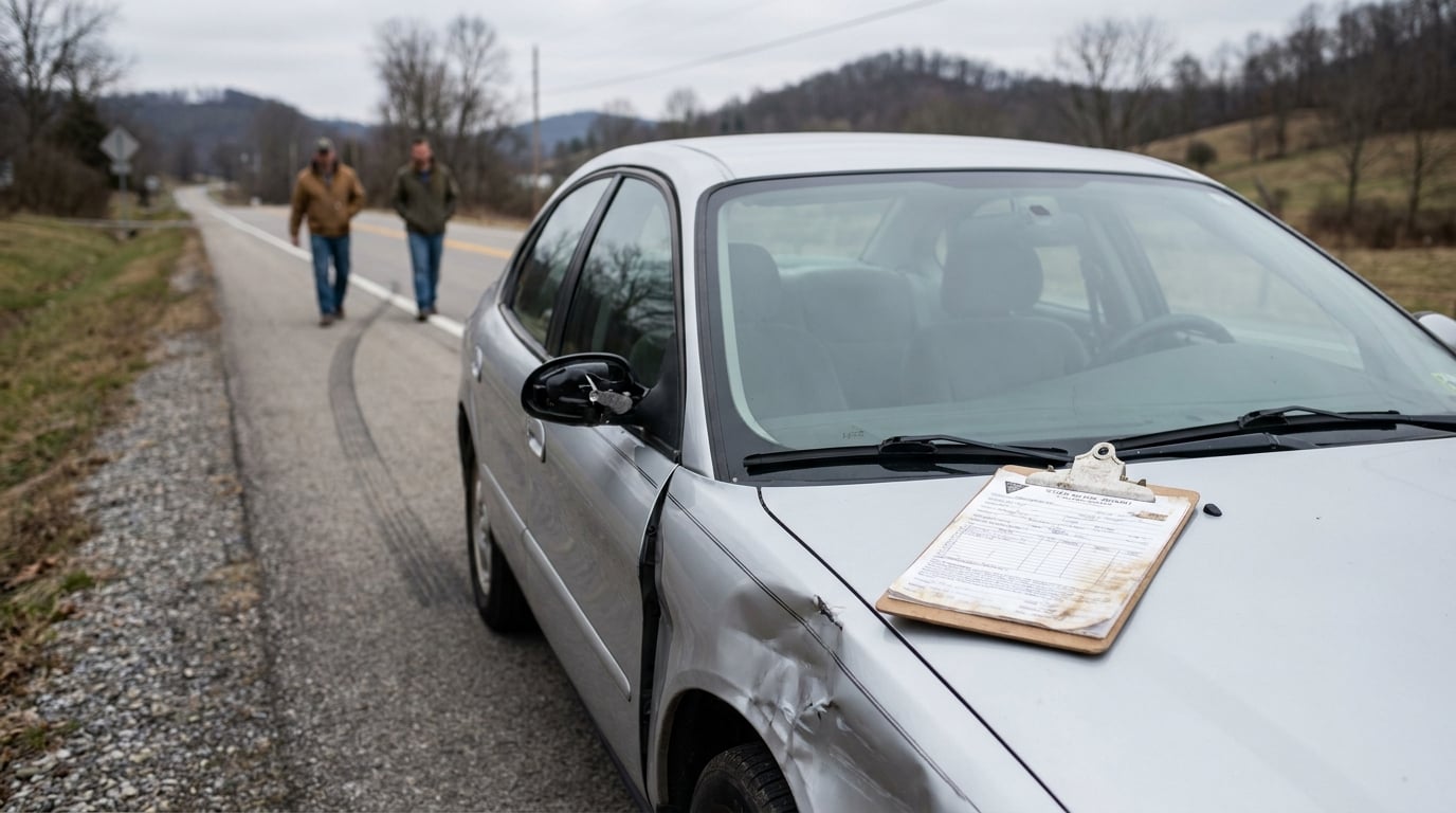 damaged sedan with clipboard accident report on hood at rural roadside