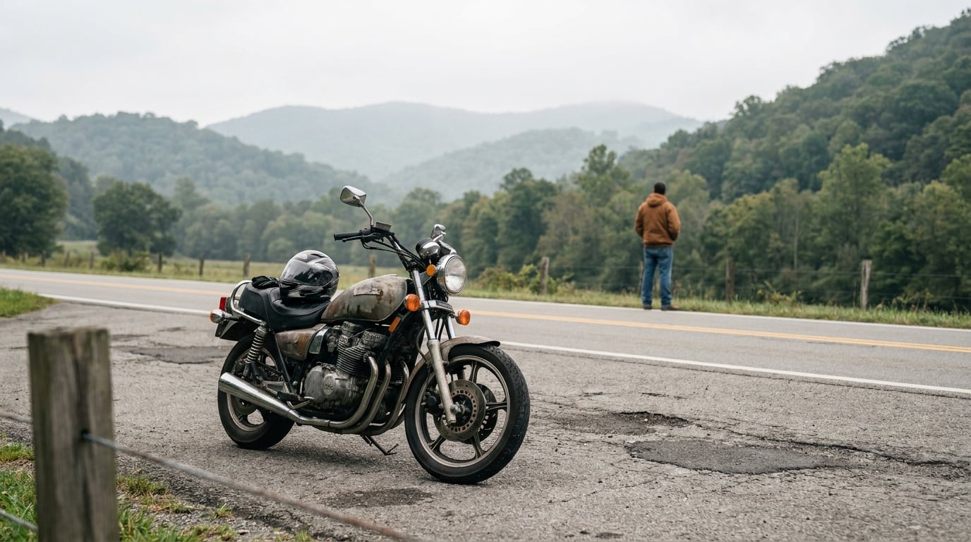 motorcycle with helmet parked roadside as rider stands near rural highway