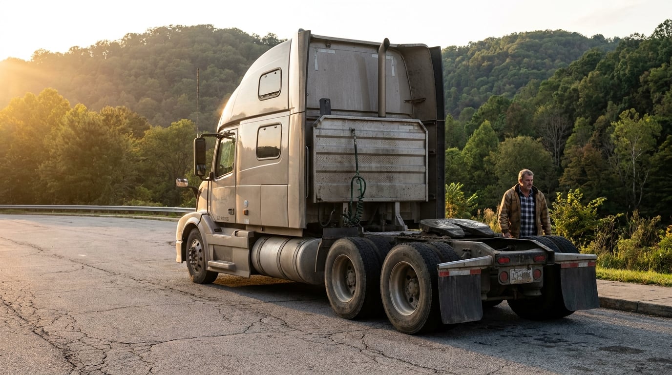 man standing beside parked semi-truck cab on rural highway at sunrise