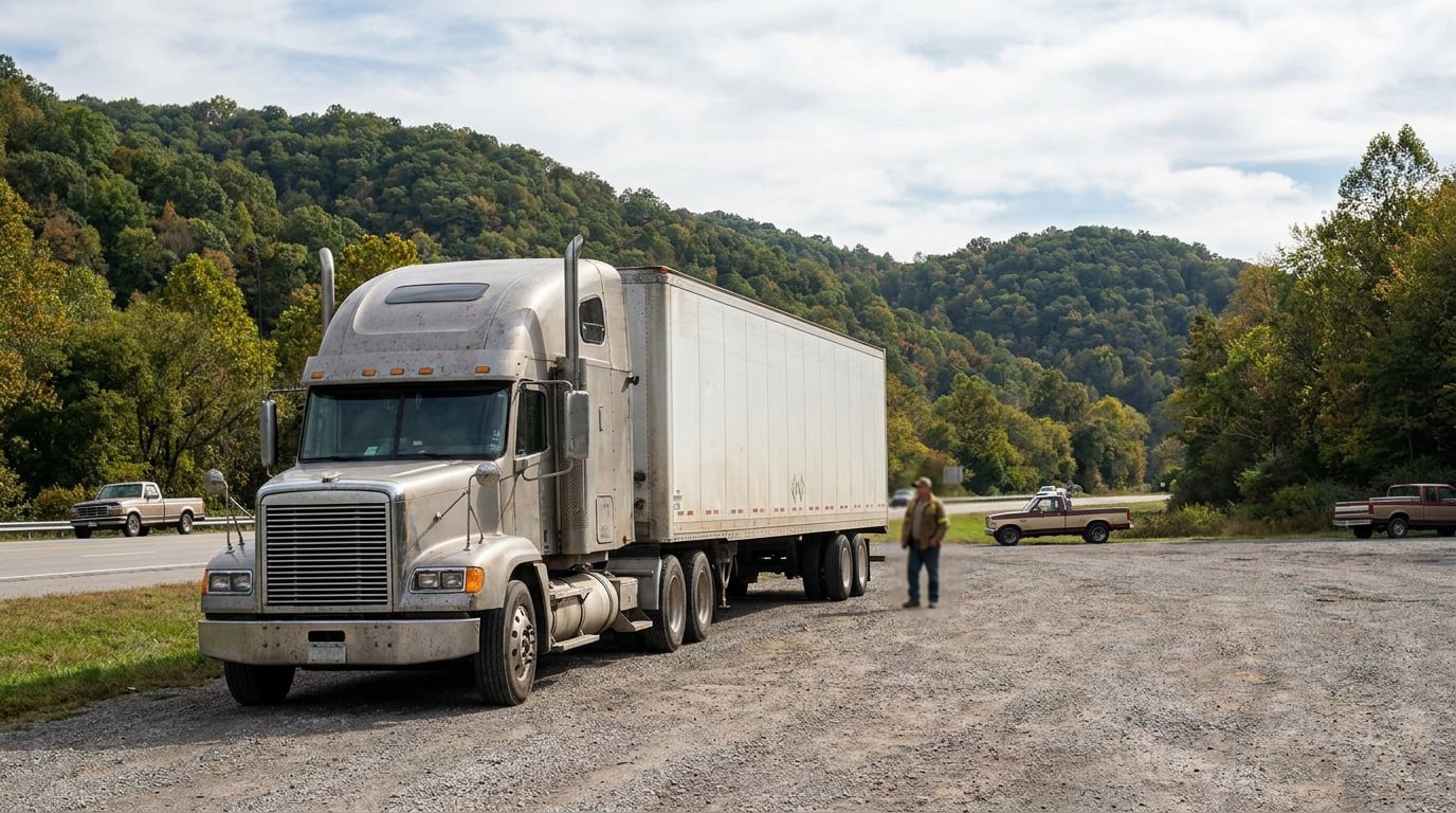 semi-truck with trailer parked on gravel lot near rural highway with person standing nearby