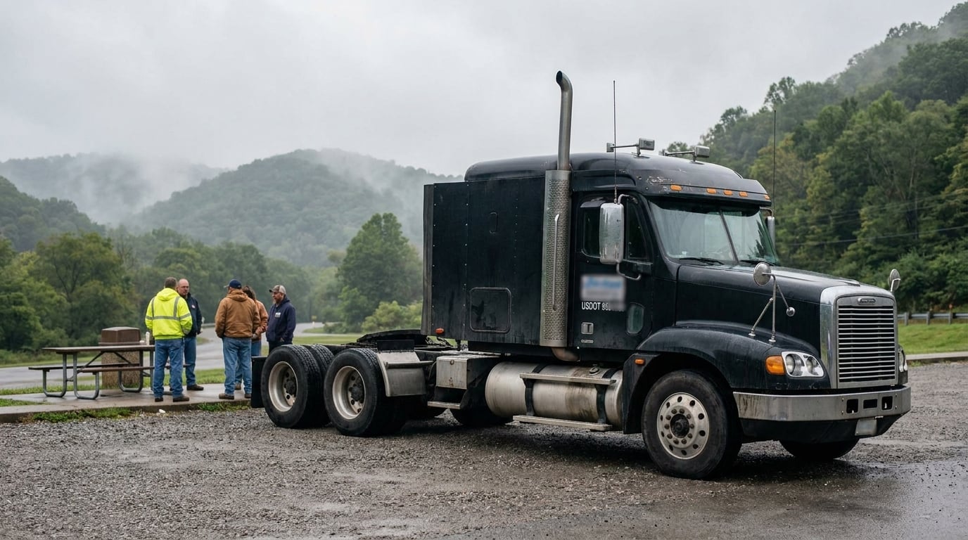 USDOT-labeled semi-truck cab parked as people gather nearby on gravel lot