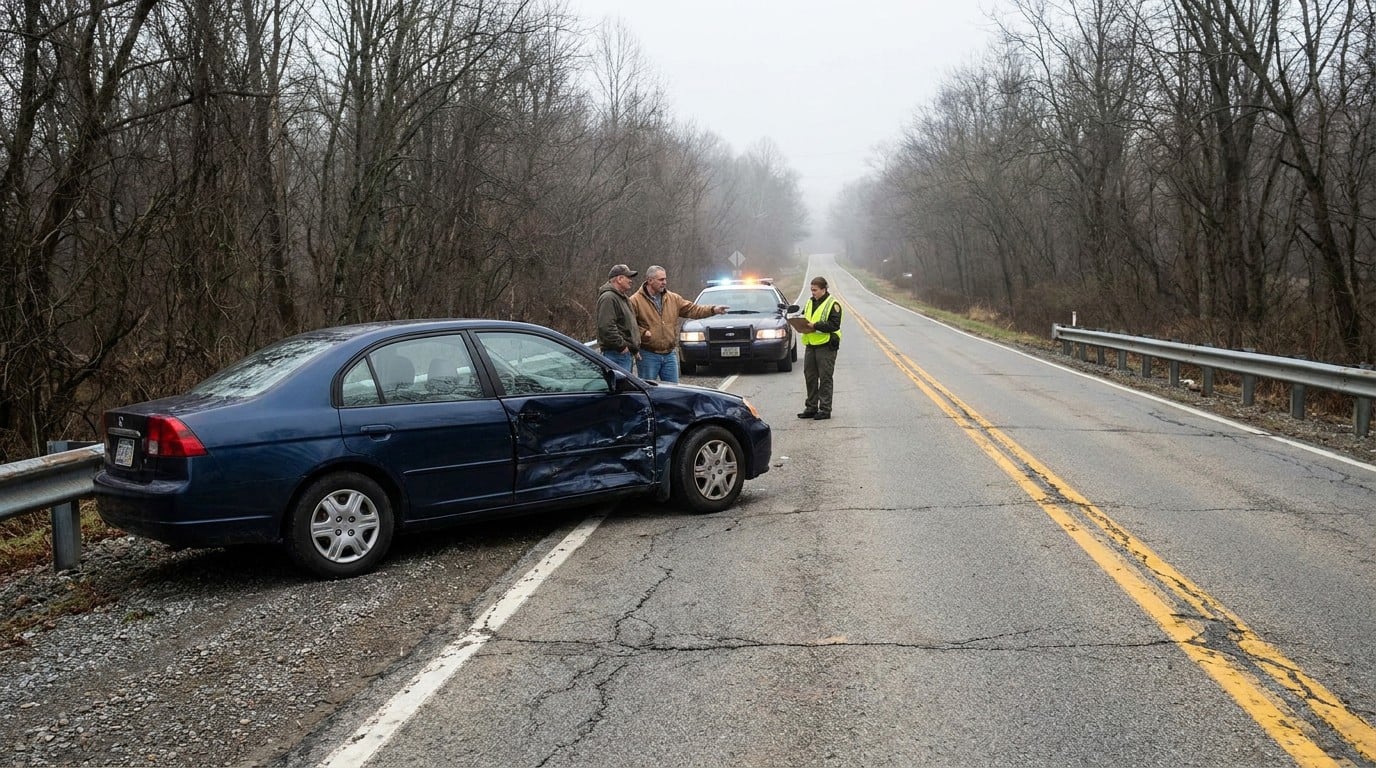 damaged sedan on roadside with officer and witnesses at accident scene