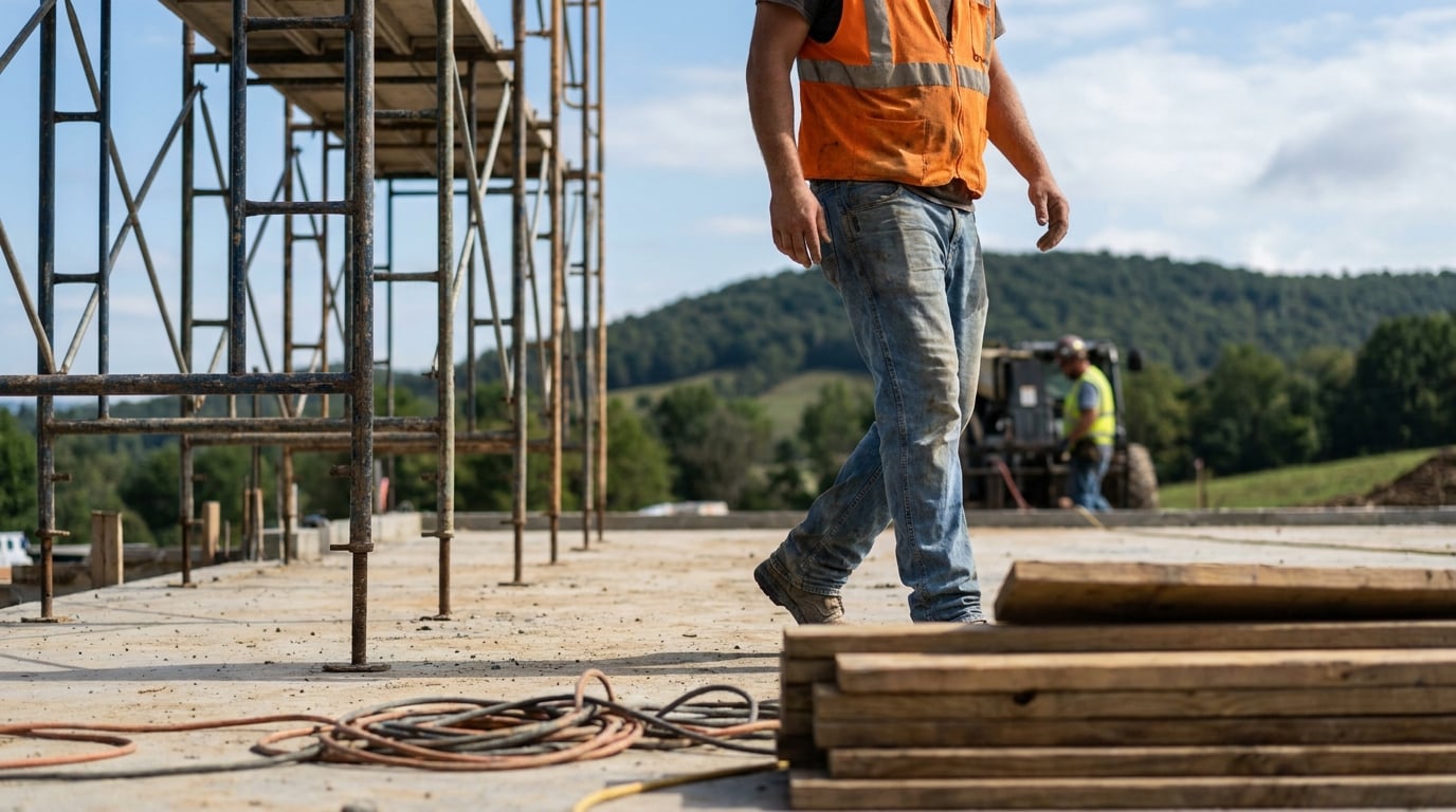construction worker in safety vest walking on concrete slab near scaffolding and lumber