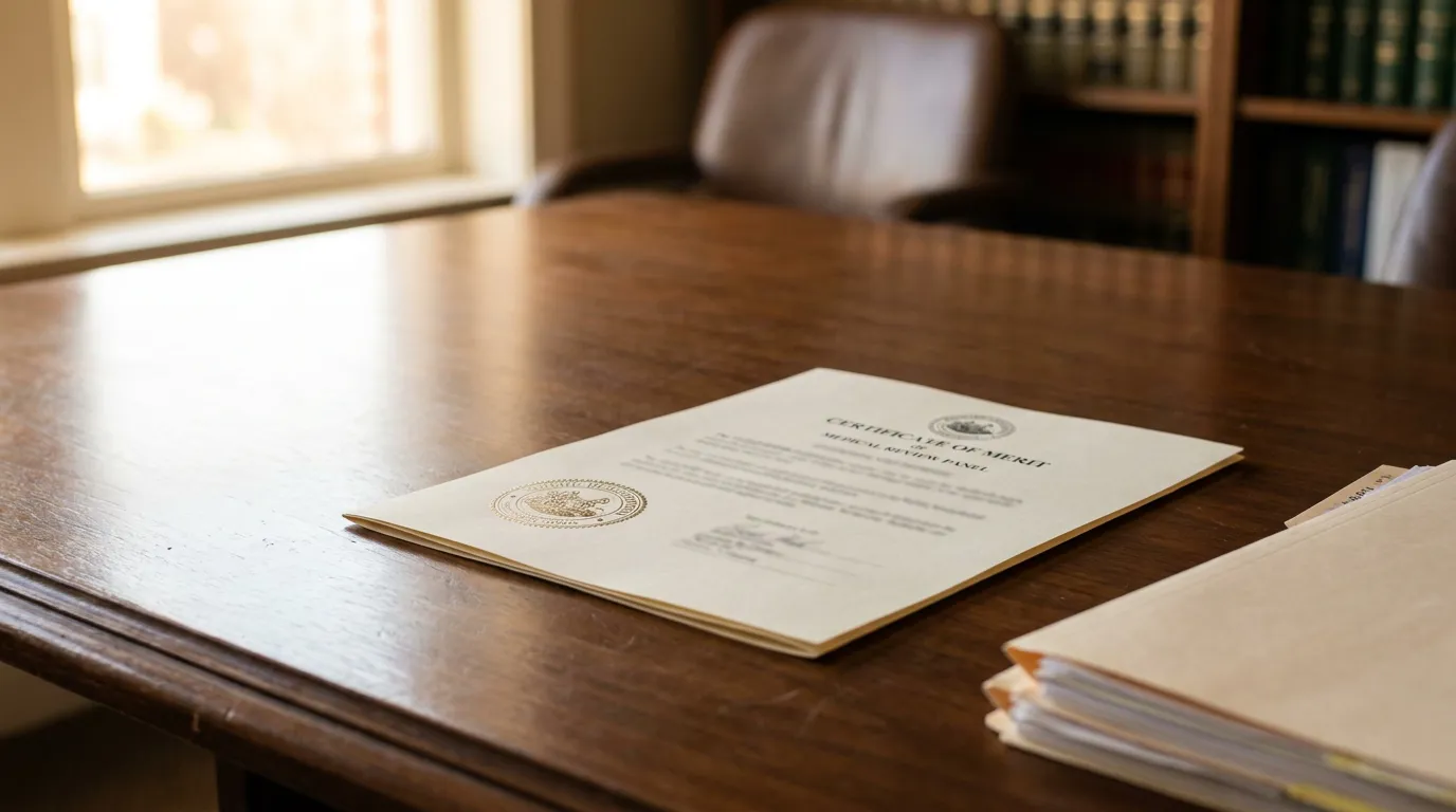 Certificate of Merit Medical Review Panel document with official seal on law office desk