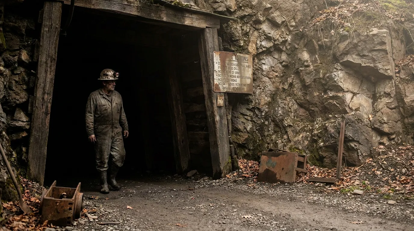 coal miner in hardhat and coveralls standing at underground mine entrance