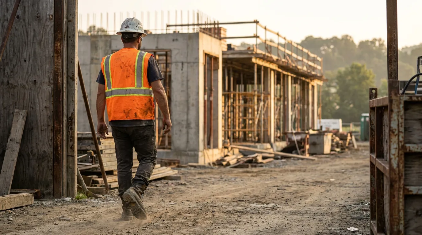construction worker in hard hat and safety vest walking active job site