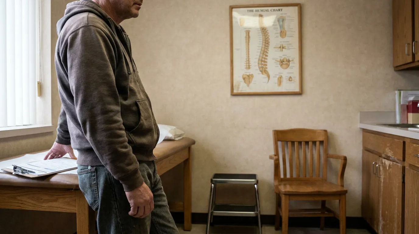 man standing in medical exam room beside clipboard and spinal anatomy chart