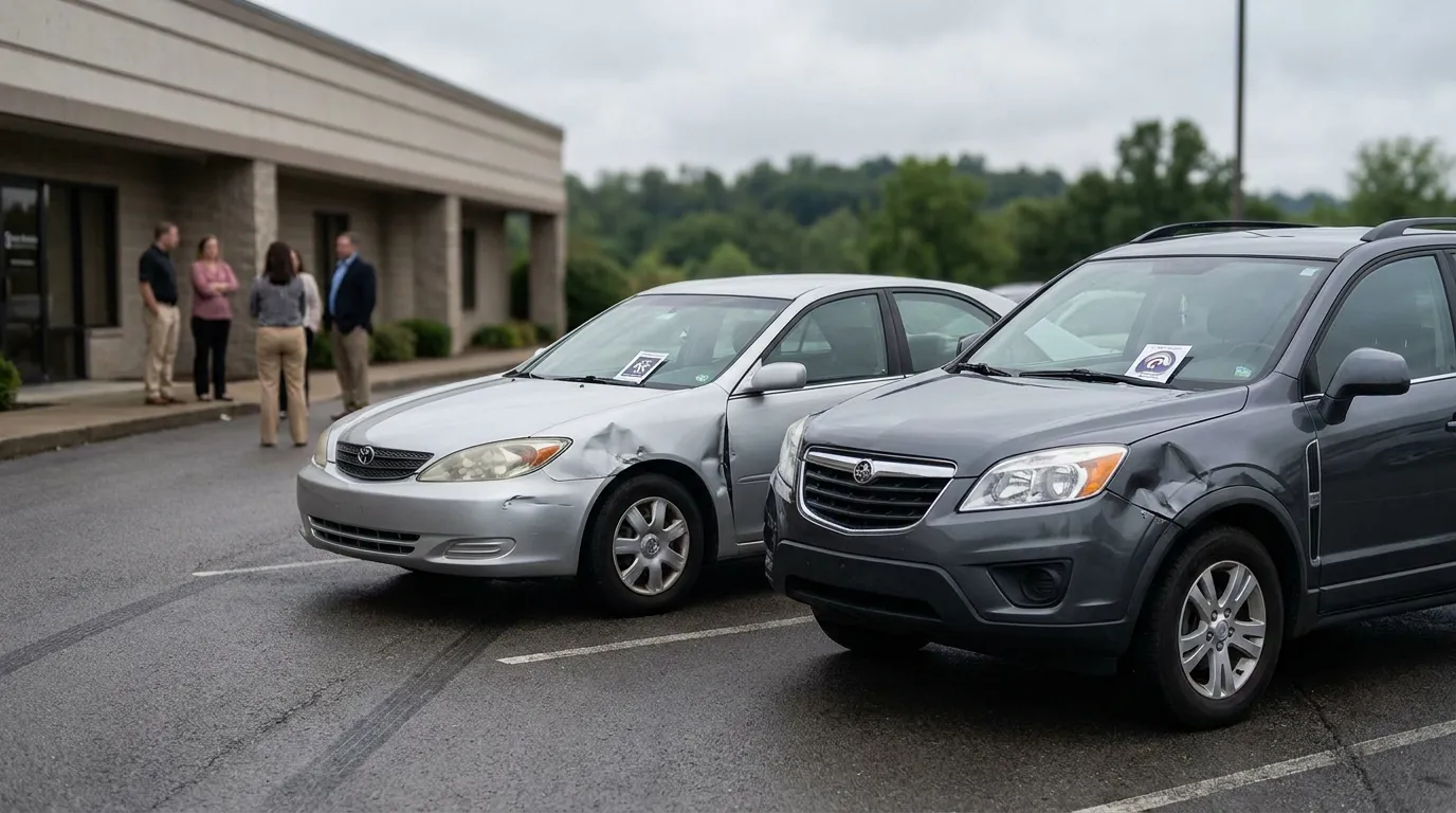 two vehicles with visible collision damage in parking lot near building