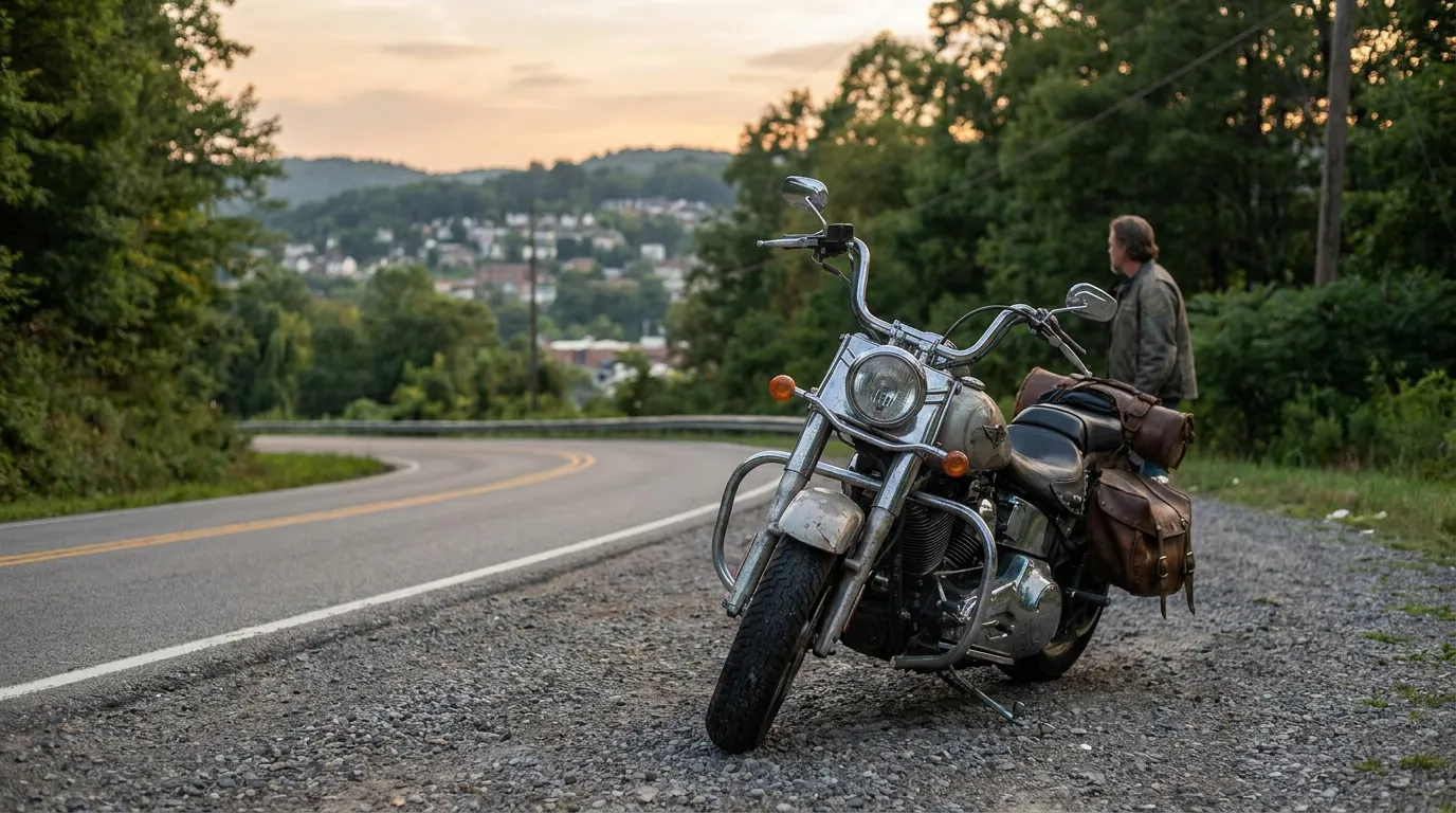 cruiser motorcycle with saddlebags parked roadside as rider stands nearby