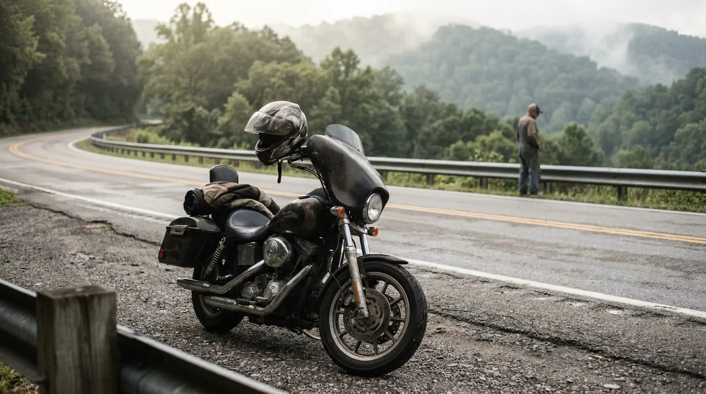 motorcycle with helmet resting on handlebars parked on winding rural highway