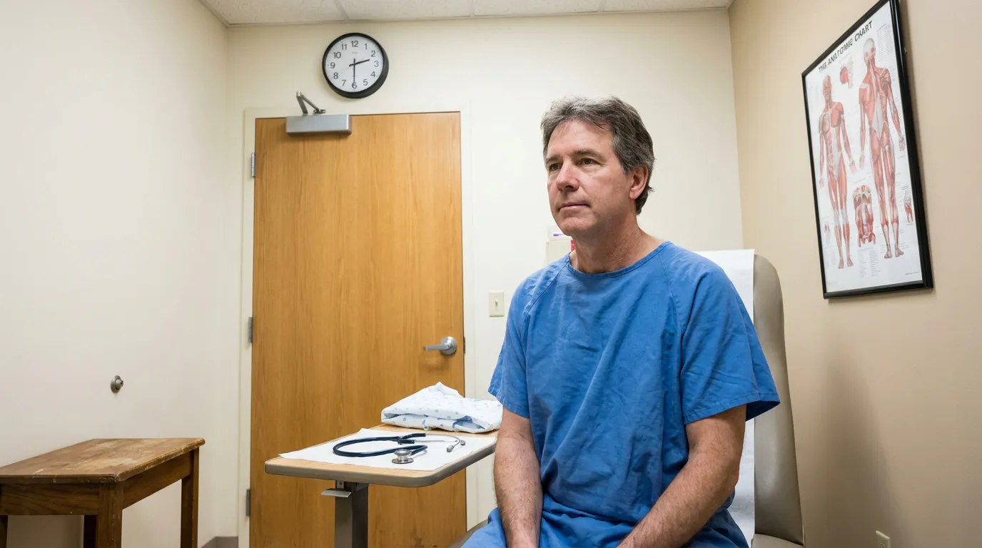 man in medical gown seated on exam table with stethoscope and anatomic chart
