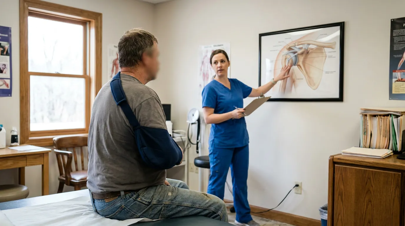 medical professional pointing to shoulder anatomy diagram while consulting arm-sling patient