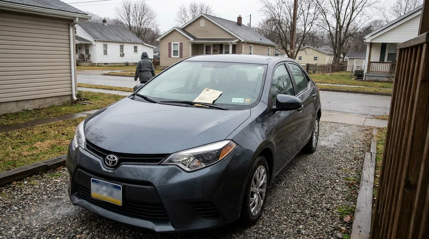 Toyota Corolla sedan parked in gravel driveway with document placed on windshield