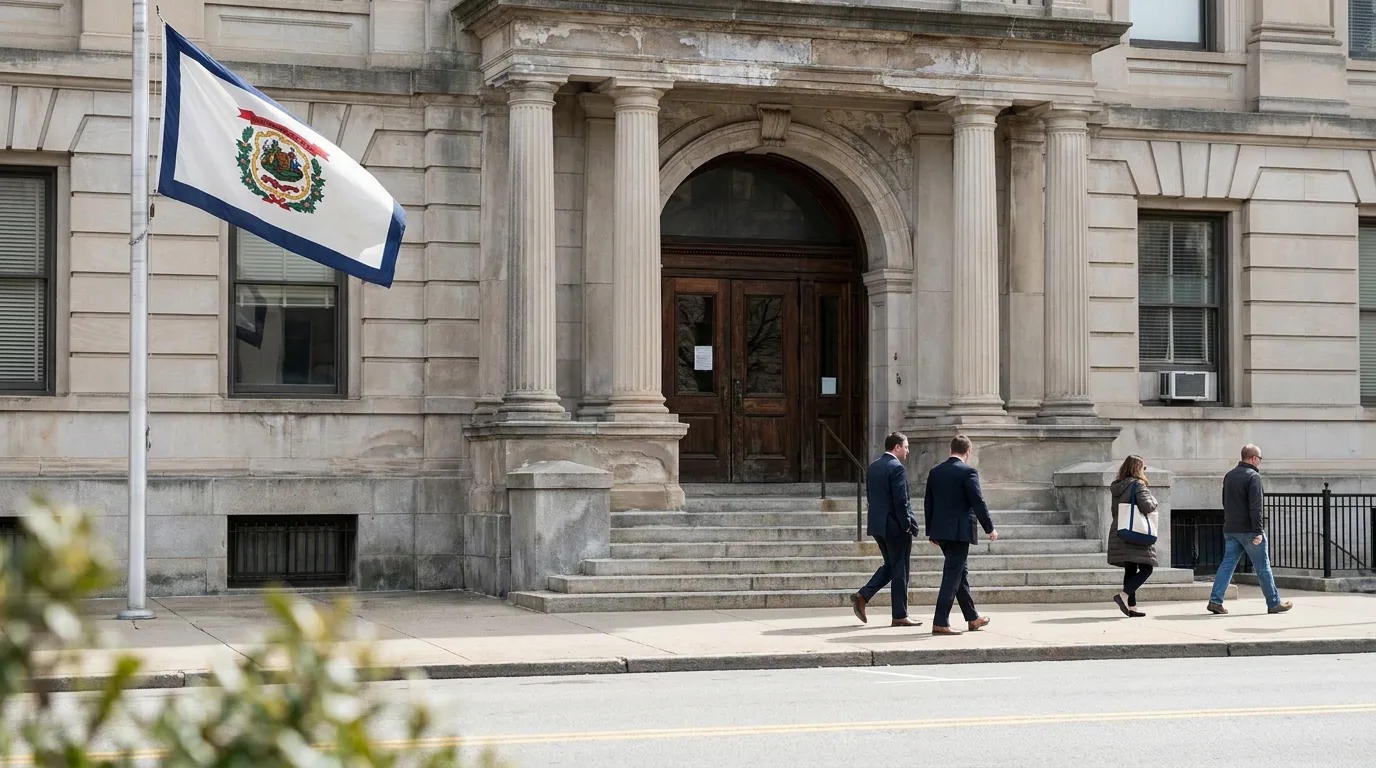 professionals walking toward West Virginia courthouse entrance with state flag flying
