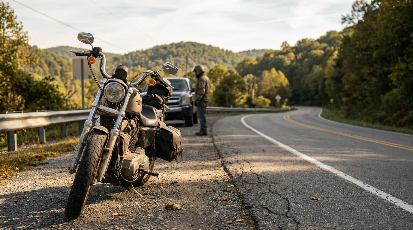 motorcycle parked on roadside shoulder near helmeted rider and stopped truck