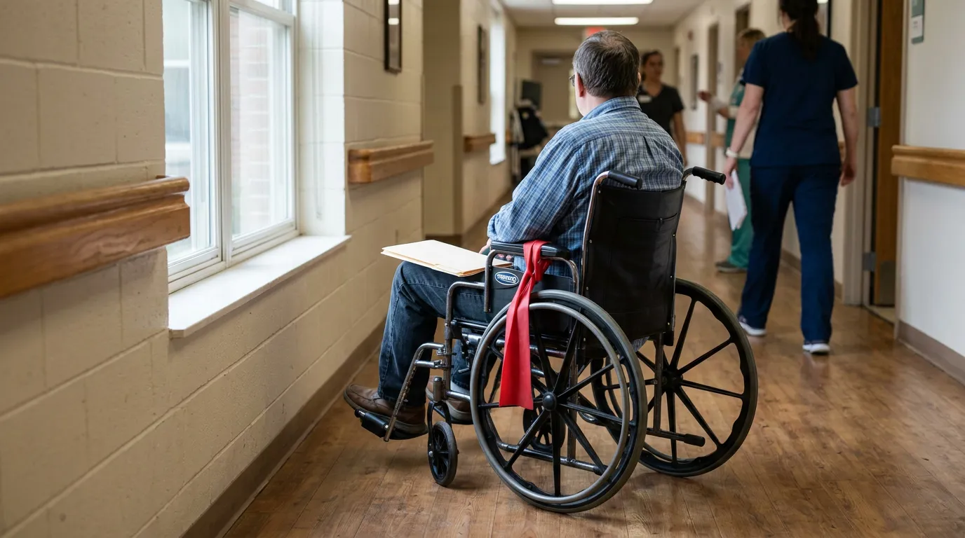 patient seated in wheelchair holding folder in medical facility hallway
