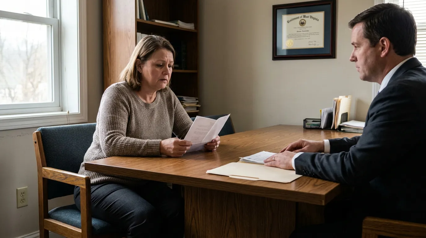 woman reviewing legal document across desk from suited attorney in credentialed office