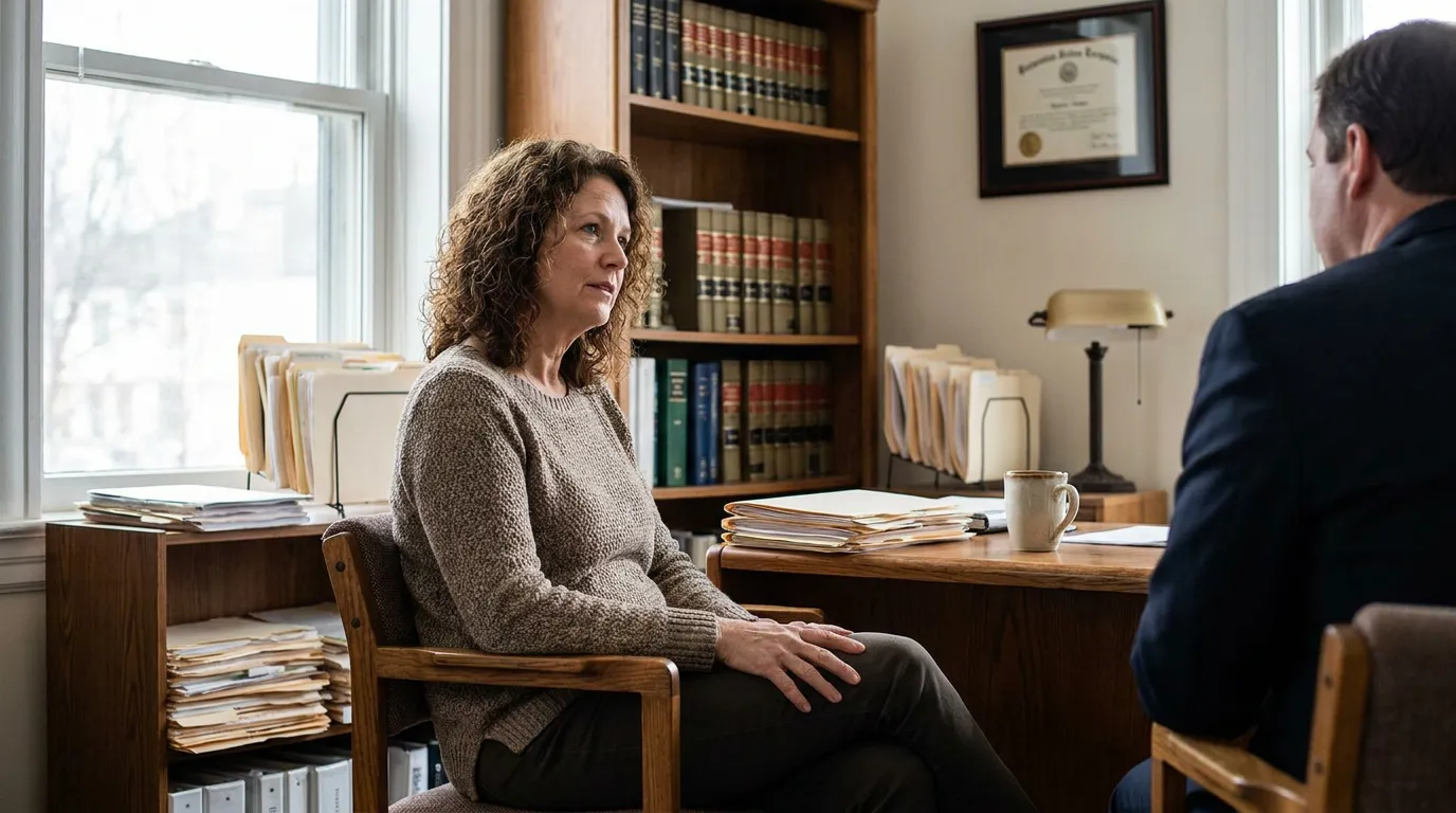 woman seated across desk from attorney in law office with framed diploma and legal books