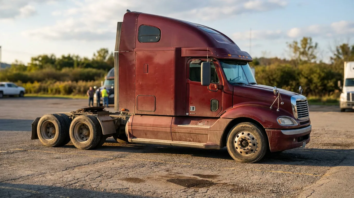 large semi-truck cab without trailer parked in commercial lot with workers nearby