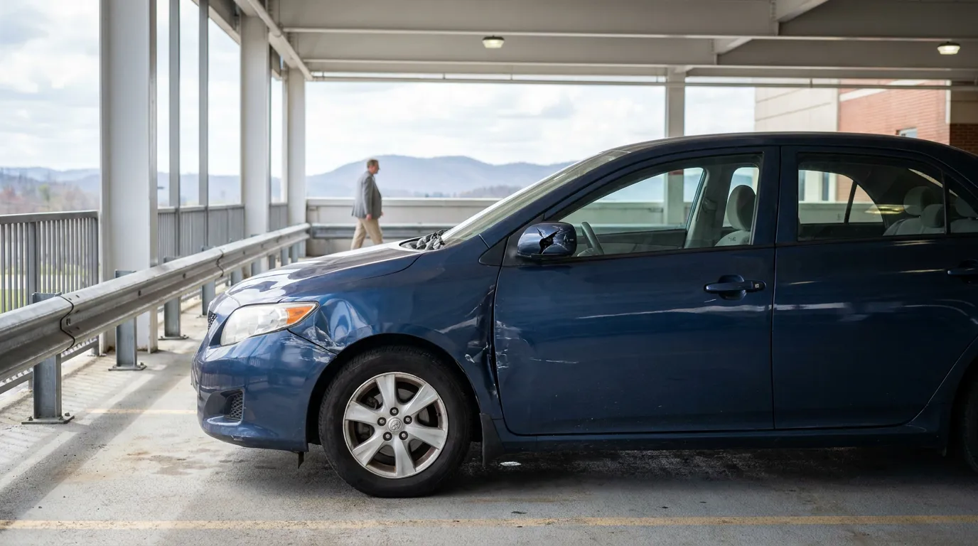 sedan with visible door dent parked in open-air parking garage structure