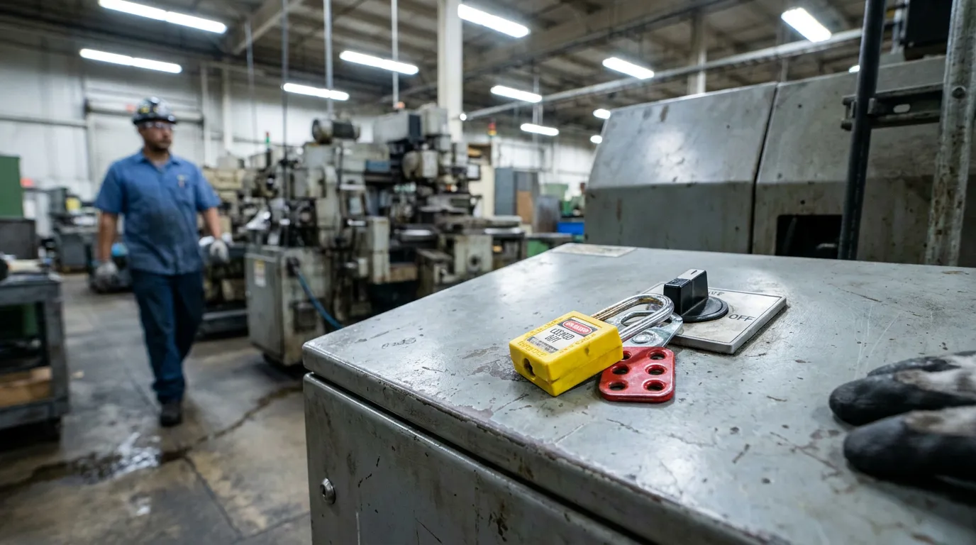 lockout tagout padlock on industrial machine control panel with worker in background