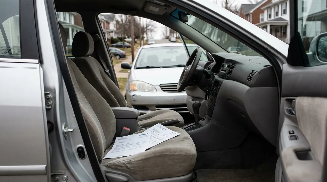 open car door revealing front seat with printed documents resting on cushion