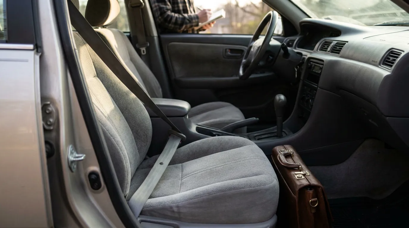 open car door revealing front seat with seatbelt and leather briefcase