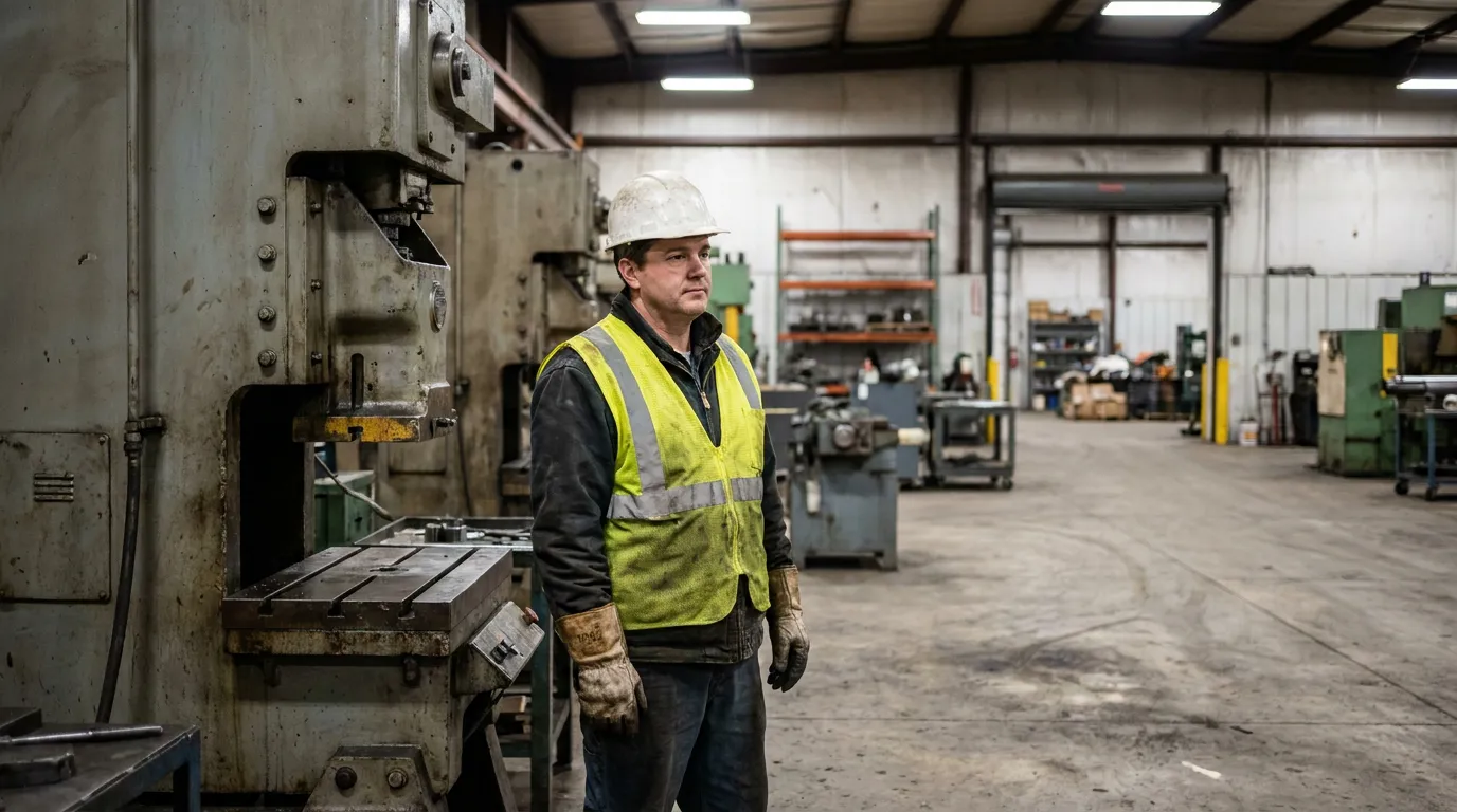 factory worker in hard hat and safety vest standing beside industrial press machine