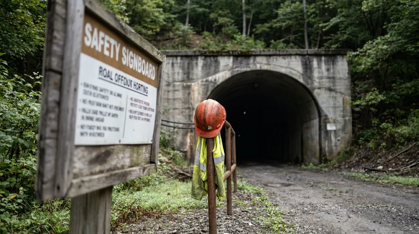 Safety signboard and hard hat outside concrete mine tunnel entrance