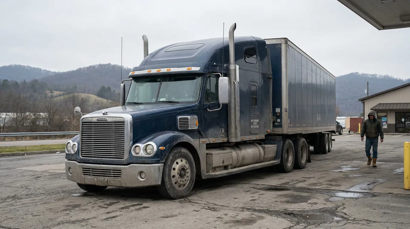 Freightliner semi-truck with trailer parked at truck stop, driver walking nearby