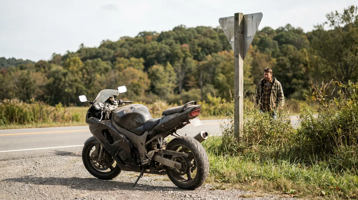 damaged sport motorcycle parked on rural roadside with man standing nearby