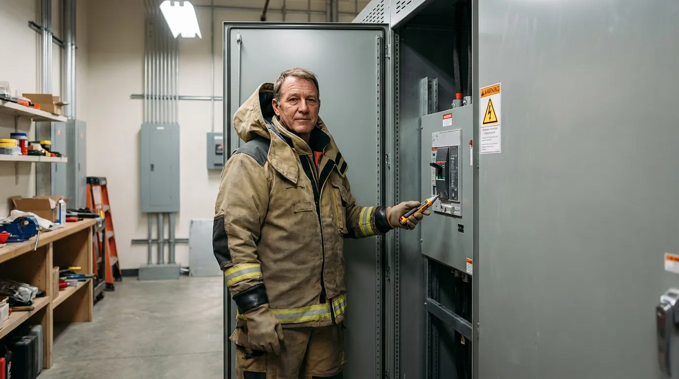 worker in arc flash protective gear holding voltage tester near electrical panel with warning labels