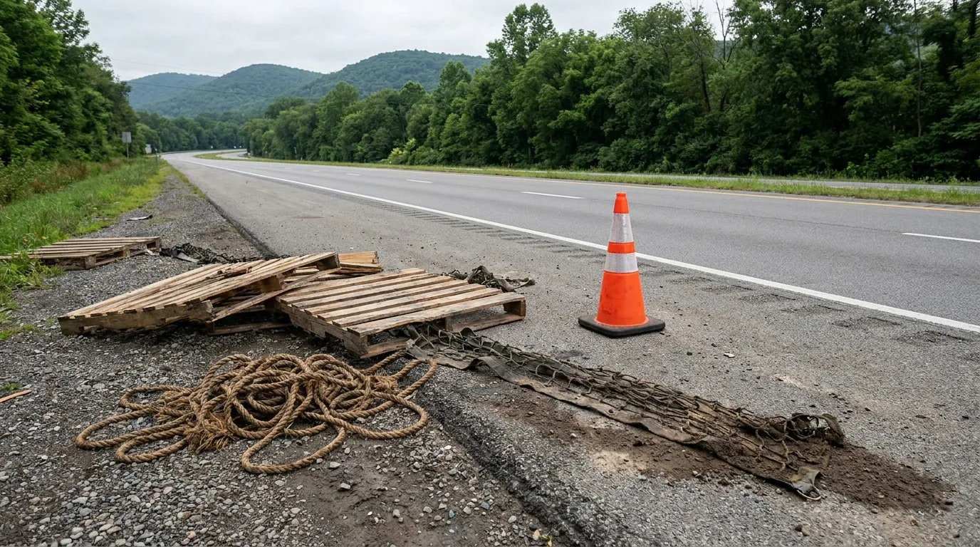 wooden pallets, rope, and netting debris scattered on highway shoulder beside traffic cone