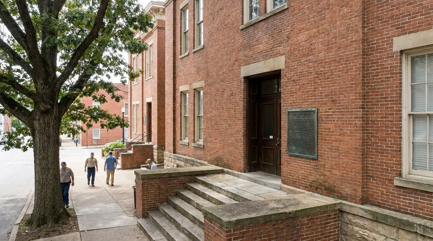 historic brick courthouse exterior with stone steps, entrance door, and mounted plaque