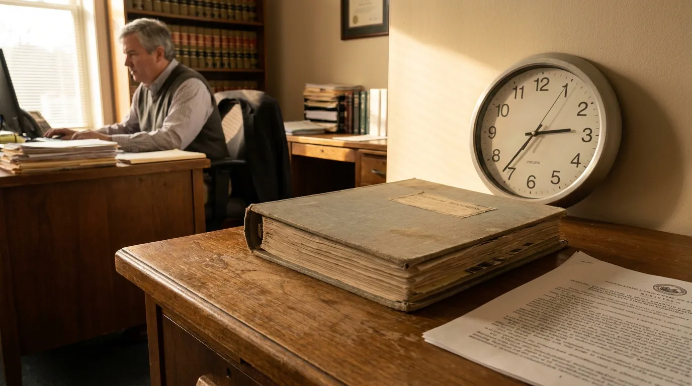 attorney working at desk beside wall clock, aged legal binder and documents in foreground