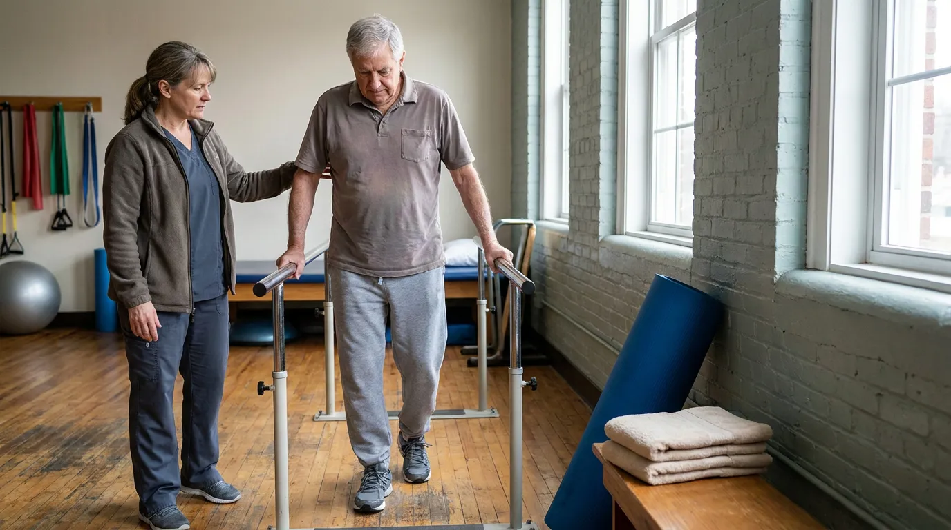 physical therapist assisting elderly man walking parallel bars in rehabilitation clinic
