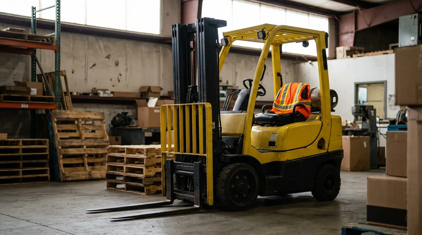 worker in safety vest operating forklift inside industrial warehouse near wooden pallets