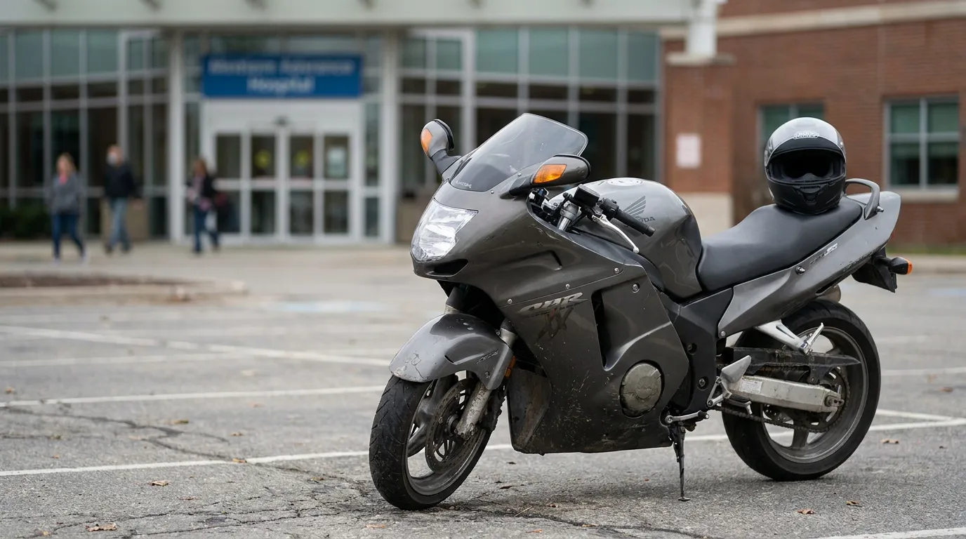 Honda motorcycle with helmet resting on seat parked outside hospital entrance