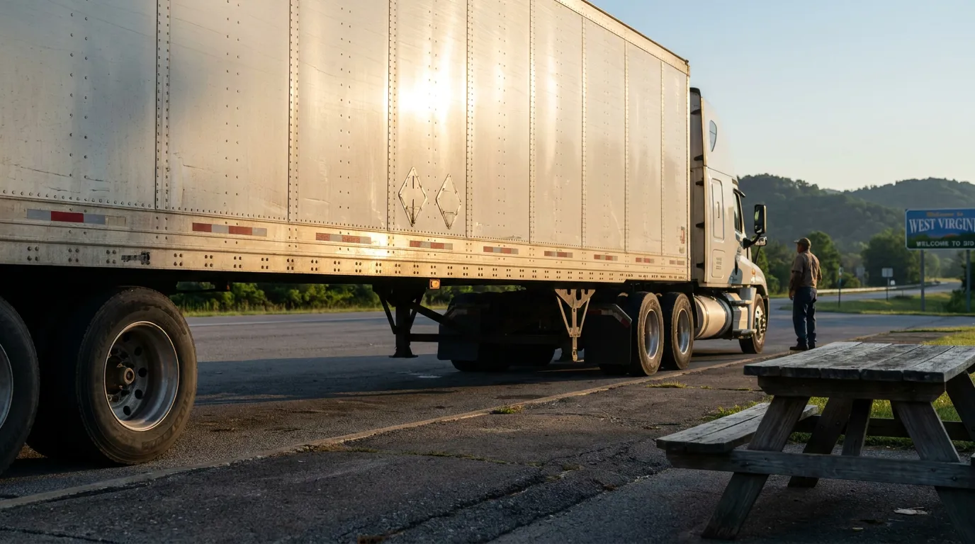 truck driver standing beside parked semi-truck near West Virginia welcome sign