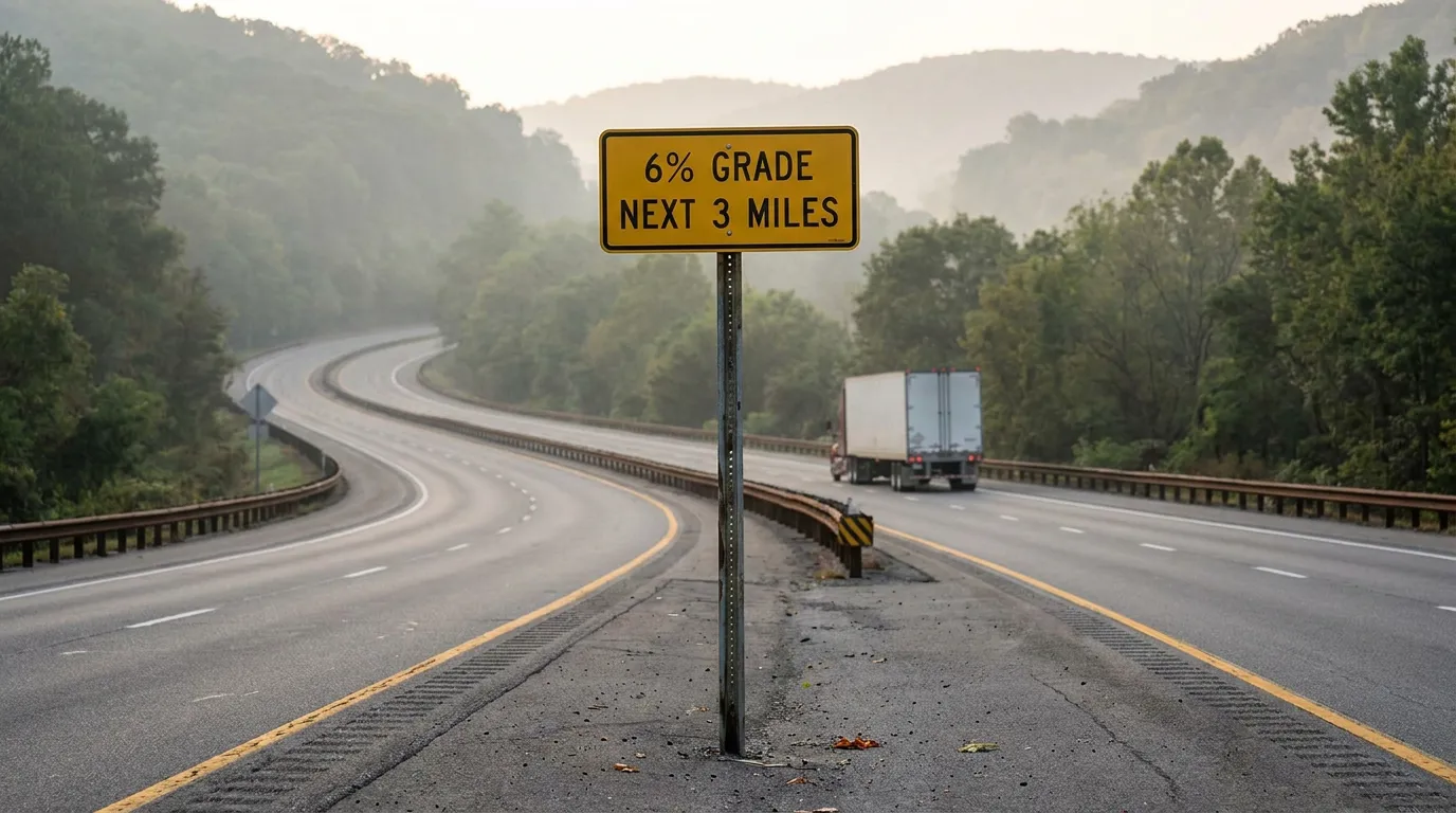 6% Grade Next 3 Miles highway warning sign with semi-truck on winding road